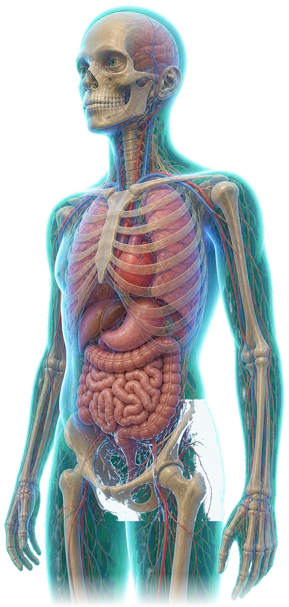 Neutral human anatomy 3D modeling example — organ, skeletal, and circulatory systems
